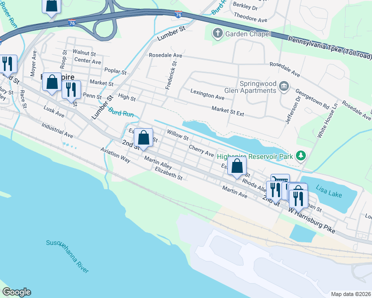 map of restaurants, bars, coffee shops, grocery stores, and more near 496 Eshelman Street in Highspire
