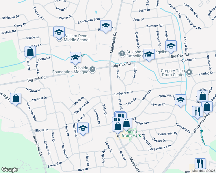 map of restaurants, bars, coffee shops, grocery stores, and more near 1465 Makefield Road in Yardley