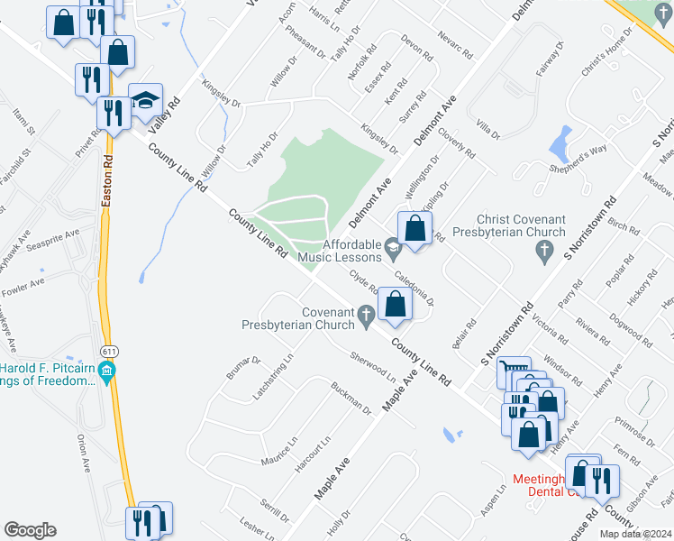 map of restaurants, bars, coffee shops, grocery stores, and more near 1328 Clyde Road in Hatboro
