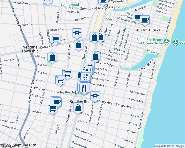 map of restaurants, bars, coffee shops, grocery stores, and more near 612 Ocean Park Avenue in Bradley Beach