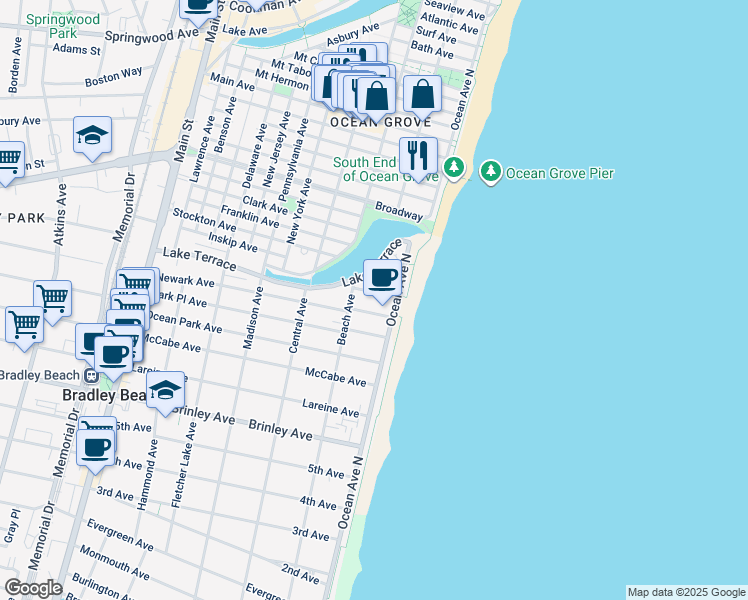 map of restaurants, bars, coffee shops, grocery stores, and more near 4 Newark Avenue in Bradley Beach