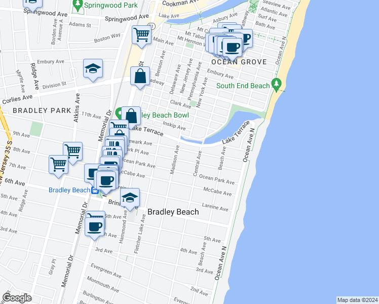 map of restaurants, bars, coffee shops, grocery stores, and more near 1001 Central Avenue in Bradley Beach