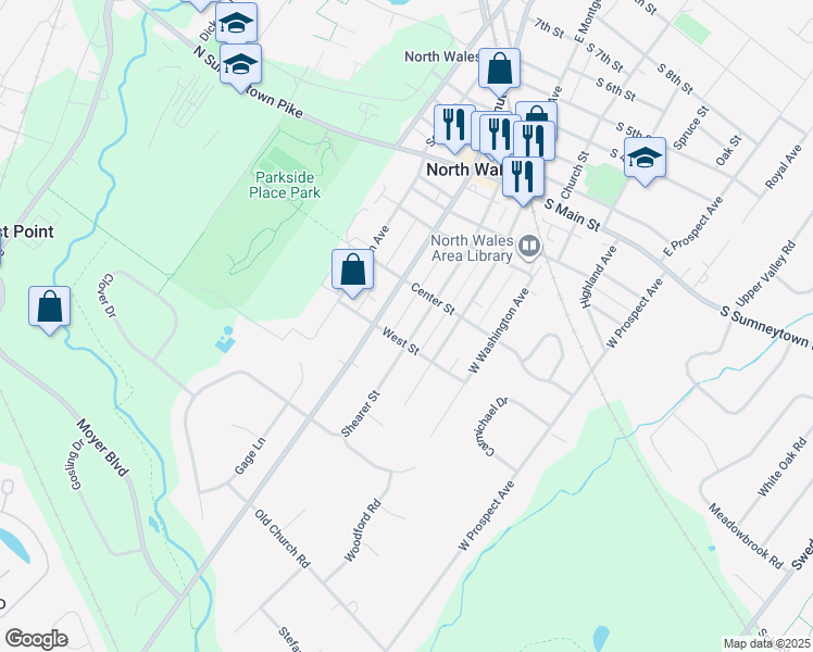 map of restaurants, bars, coffee shops, grocery stores, and more near 428 Shearer Street in North Wales