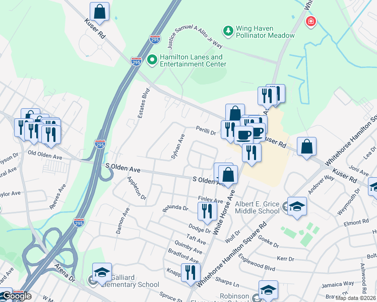 map of restaurants, bars, coffee shops, grocery stores, and more near 1 Bethany Court in Hamilton Township