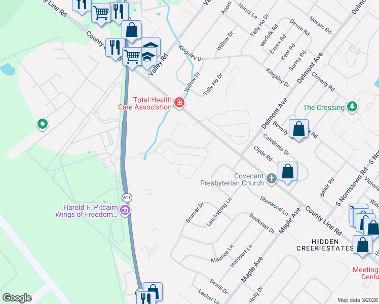 map of restaurants, bars, coffee shops, grocery stores, and more near 610 Winding Road in Hatboro
