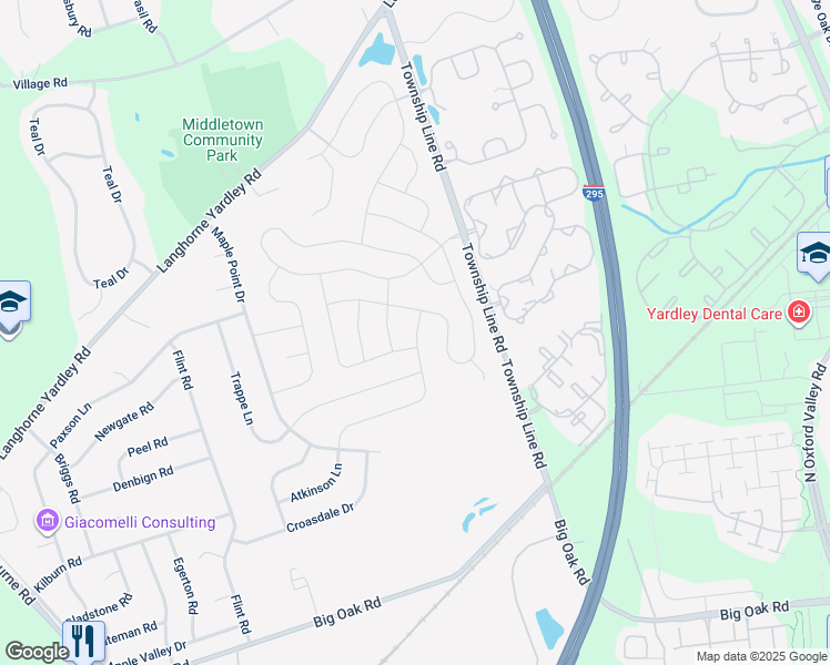 map of restaurants, bars, coffee shops, grocery stores, and more near 771 Atkinson Lane in Langhorne