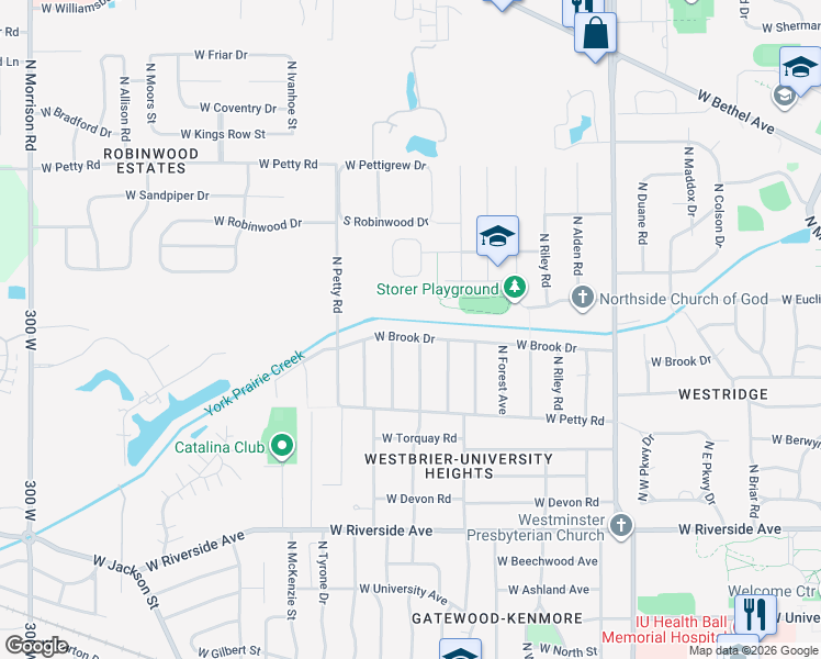 map of restaurants, bars, coffee shops, grocery stores, and more near 3610 West Brook Drive in Muncie