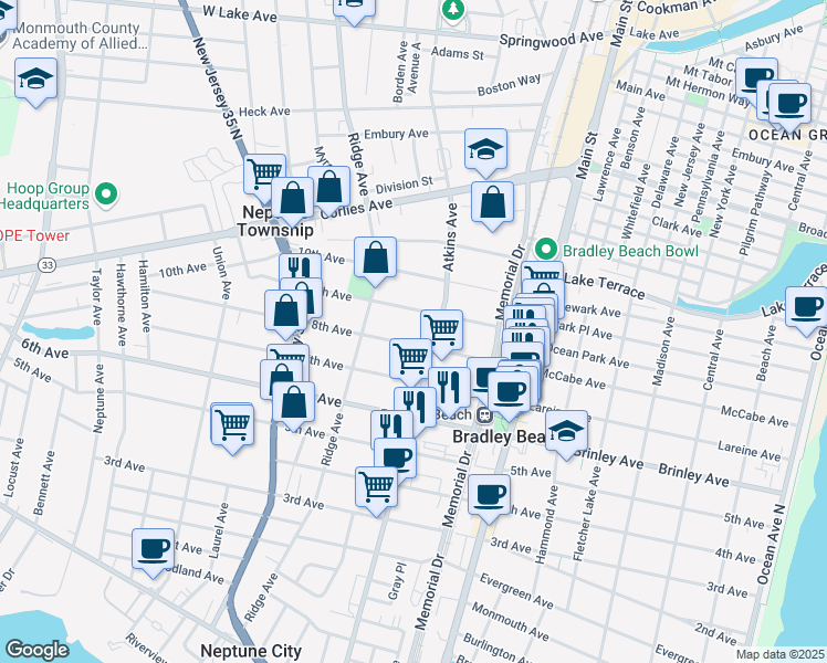 map of restaurants, bars, coffee shops, grocery stores, and more near 1209 8th Avenue in Neptune City
