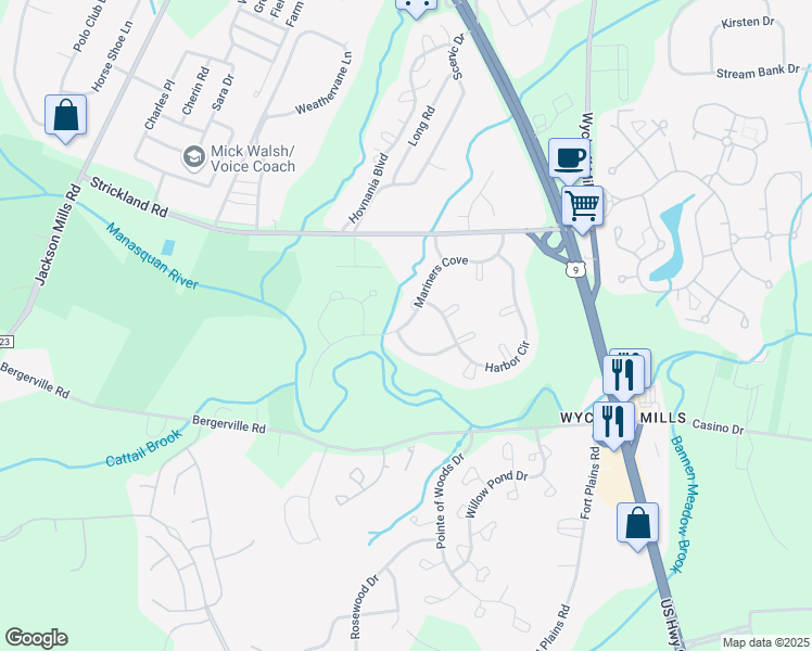 map of restaurants, bars, coffee shops, grocery stores, and more near Mariners Cove in Howell