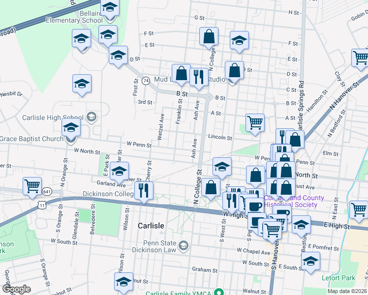map of restaurants, bars, coffee shops, grocery stores, and more near 350 West Penn Street in Carlisle