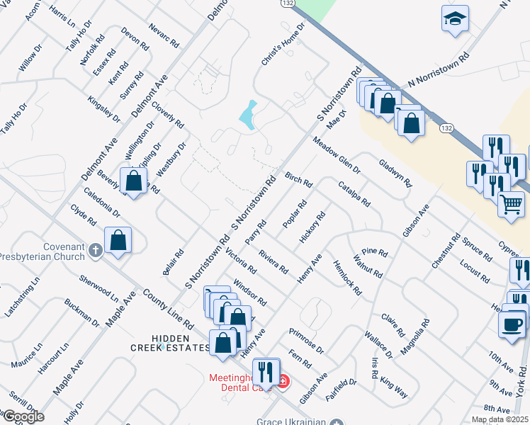 map of restaurants, bars, coffee shops, grocery stores, and more near 240 Parry Road in Warminster
