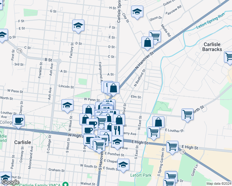 map of restaurants, bars, coffee shops, grocery stores, and more near 351 North Hanover Street in Carlisle