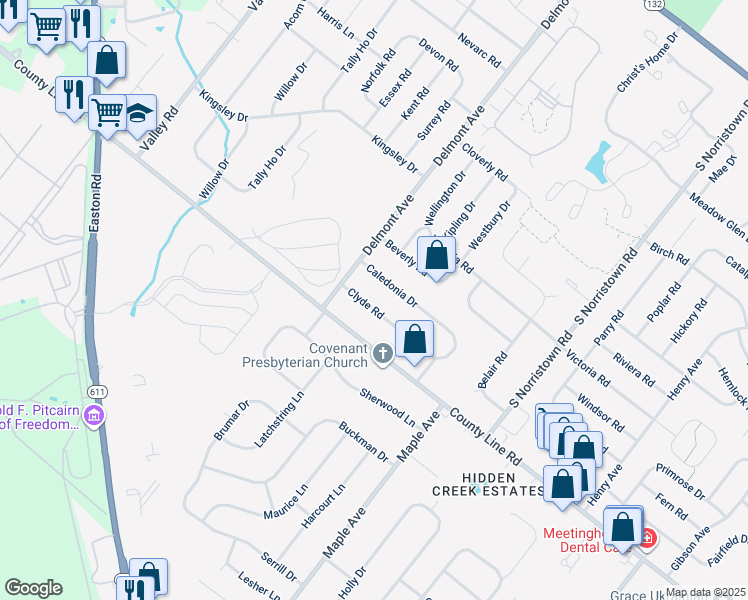 map of restaurants, bars, coffee shops, grocery stores, and more near 1309 Clyde Road in Warminster
