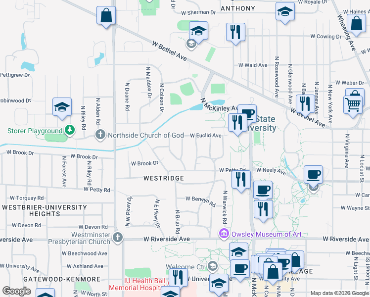 map of restaurants, bars, coffee shops, grocery stores, and more near 1408 North Mann Avenue in Muncie