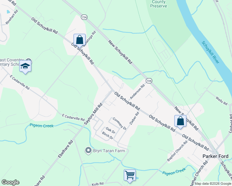 map of restaurants, bars, coffee shops, grocery stores, and more near 1211 Old Schuylkill Road in Spring City