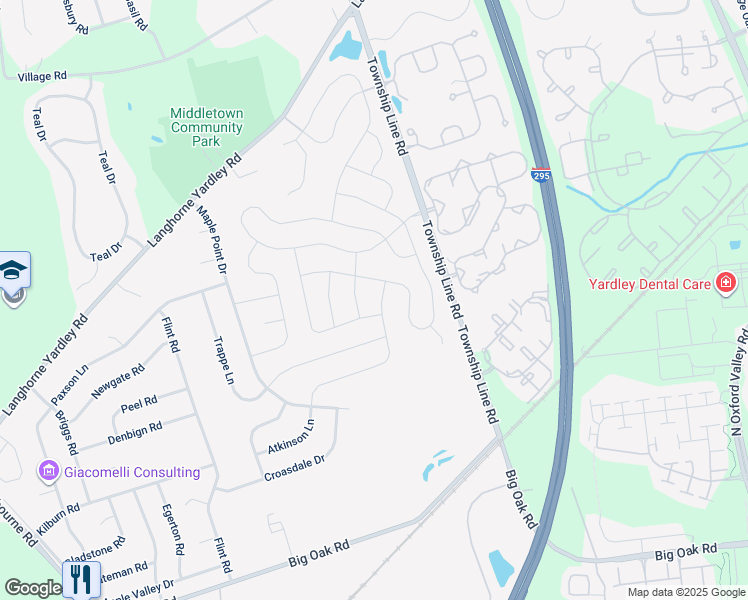 map of restaurants, bars, coffee shops, grocery stores, and more near 771 Atkinson Lane in Langhorne