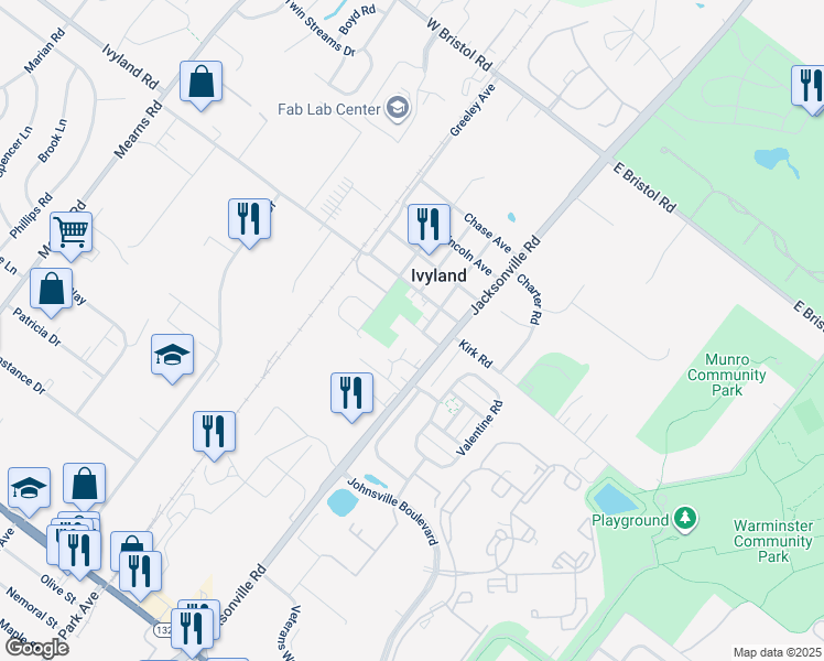 map of restaurants, bars, coffee shops, grocery stores, and more near 40 Willard Ave in Warminster