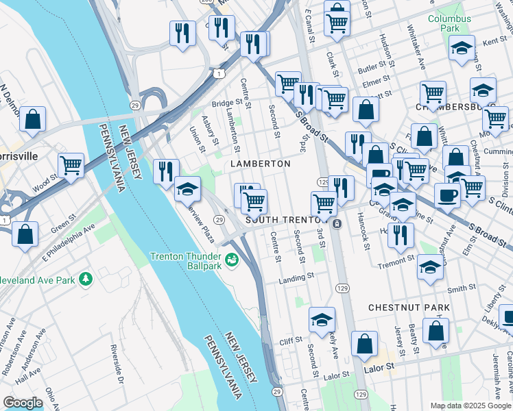 map of restaurants, bars, coffee shops, grocery stores, and more near 305 Hills Place in Trenton
