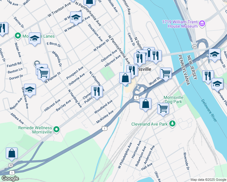 map of restaurants, bars, coffee shops, grocery stores, and more near 203 West Bridge Street in Morrisville