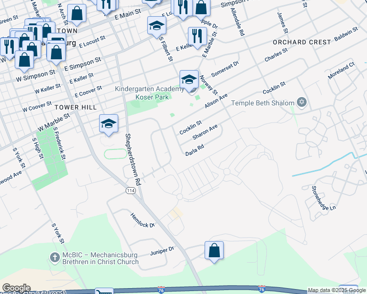 map of restaurants, bars, coffee shops, grocery stores, and more near 808 Darla Road in Mechanicsburg