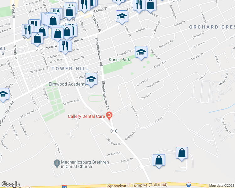 map of restaurants, bars, coffee shops, grocery stores, and more near 389 Alison Avenue in Mechanicsburg