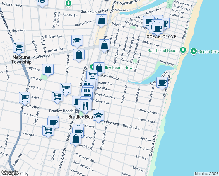map of restaurants, bars, coffee shops, grocery stores, and more near 511 Park Place Avenue in Bradley Beach
