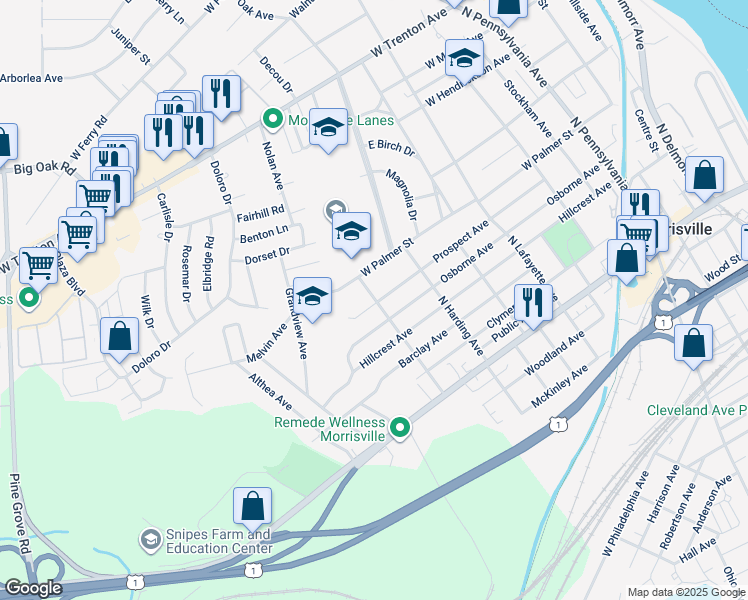 map of restaurants, bars, coffee shops, grocery stores, and more near 606 Prospect Avenue in Morrisville