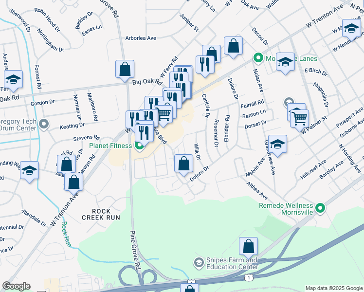 map of restaurants, bars, coffee shops, grocery stores, and more near 2 Plaza Boulevard in Morrisville