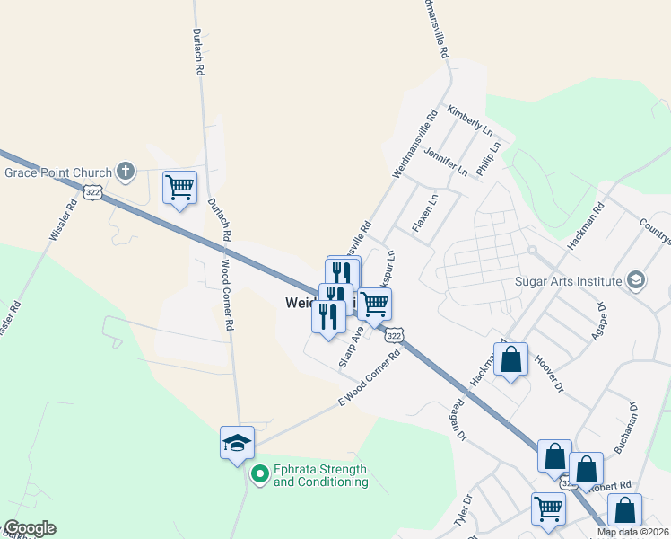 map of restaurants, bars, coffee shops, grocery stores, and more near 15 Weidmansville Road in Ephrata
