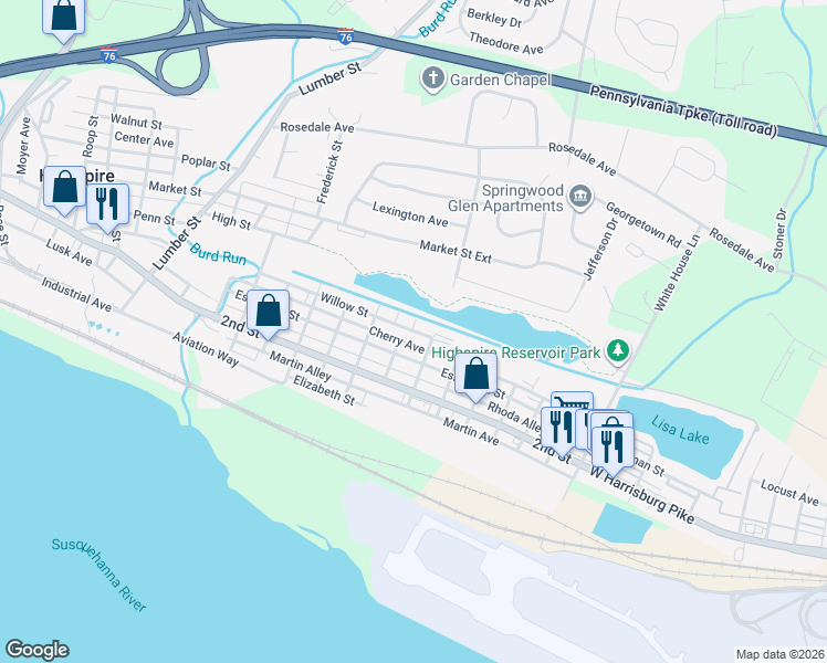 map of restaurants, bars, coffee shops, grocery stores, and more near 200 Hanover Street in Highspire