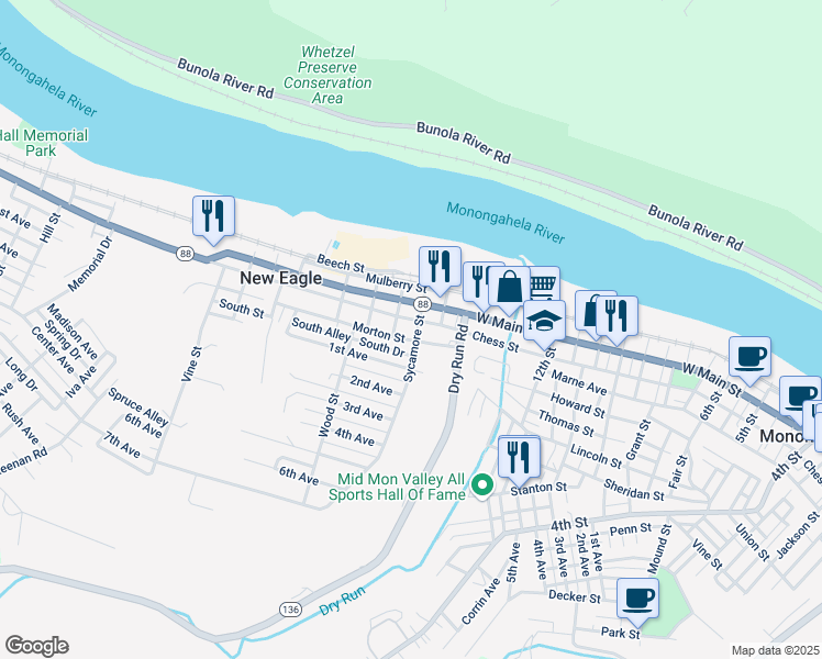 map of restaurants, bars, coffee shops, grocery stores, and more near 122 Morton Street in New Eagle