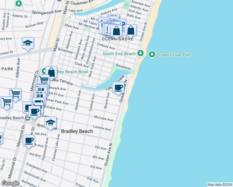 map of restaurants, bars, coffee shops, grocery stores, and more near 111 Cliff Avenue in Bradley Beach