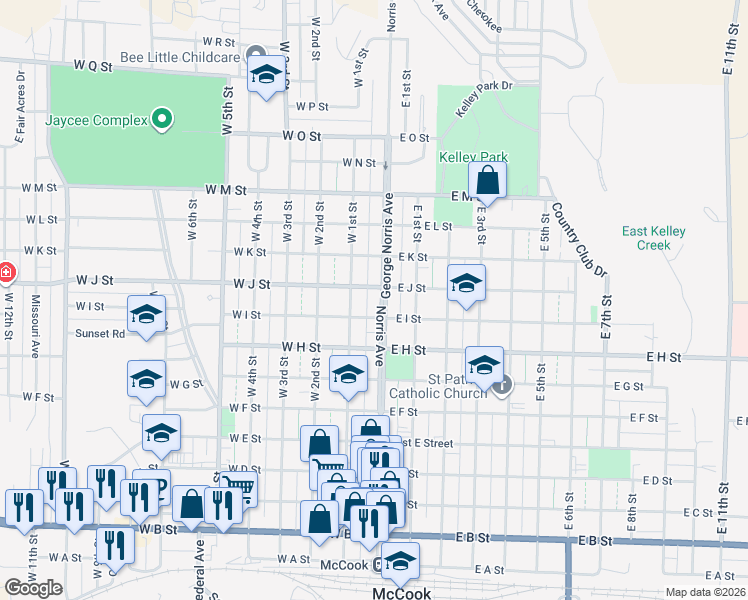 map of restaurants, bars, coffee shops, grocery stores, and more near 904 Norris Avenue in McCook