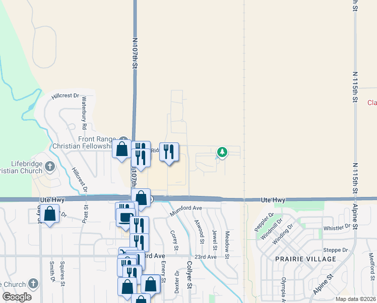map of restaurants, bars, coffee shops, grocery stores, and more near Erfert Street in Longmont