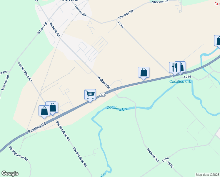 map of restaurants, bars, coffee shops, grocery stores, and more near 300 Wabash Road in Ephrata