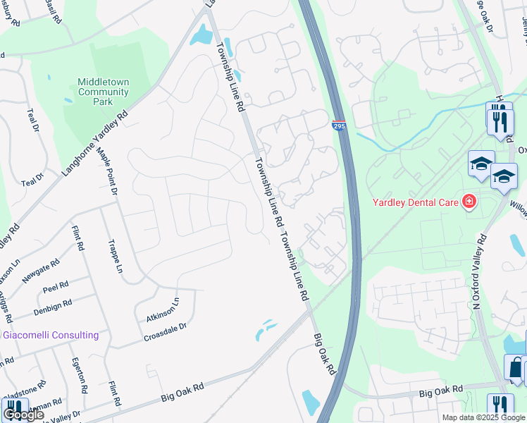 map of restaurants, bars, coffee shops, grocery stores, and more near 49 Gunning Lane in Langhorne