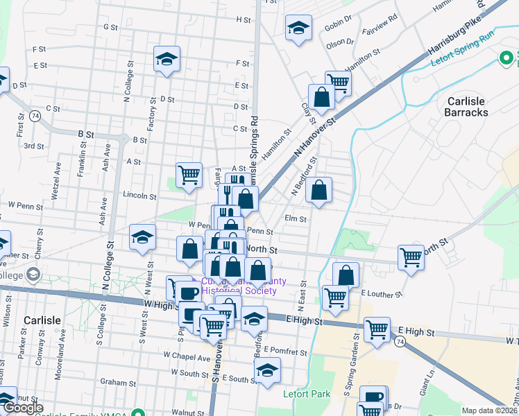 map of restaurants, bars, coffee shops, grocery stores, and more near 2 Noble Avenue in Carlisle