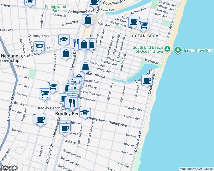 map of restaurants, bars, coffee shops, grocery stores, and more near 412 Park Place Avenue in Bradley Beach