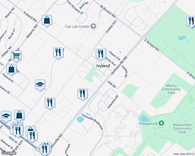map of restaurants, bars, coffee shops, grocery stores, and more near 40 Willard Ave in Warminster