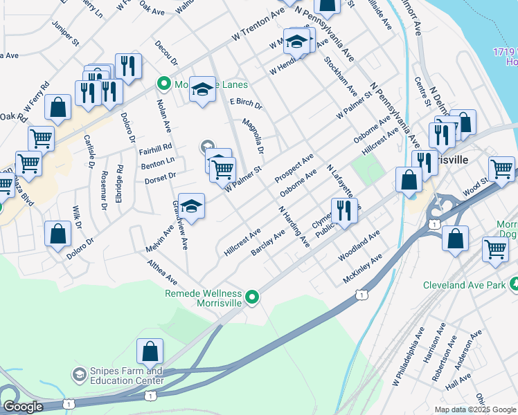 map of restaurants, bars, coffee shops, grocery stores, and more near 524 Osborne Avenue in Morrisville