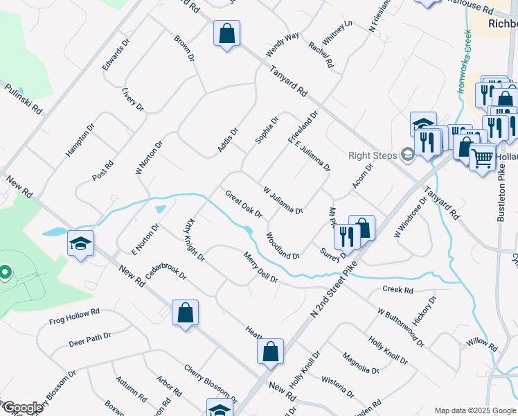map of restaurants, bars, coffee shops, grocery stores, and more near 20 Great Oak Drive in Southampton