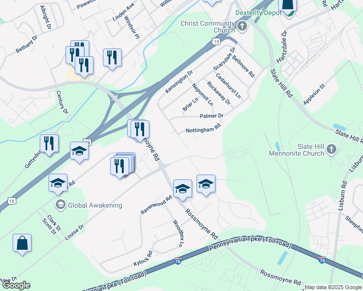 map of restaurants, bars, coffee shops, grocery stores, and more near 93 Kensington Drive in Camp Hill