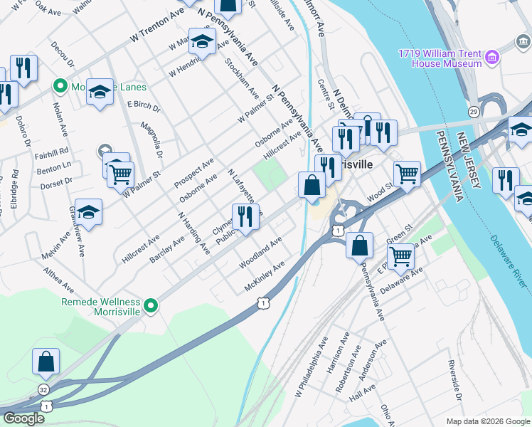 map of restaurants, bars, coffee shops, grocery stores, and more near 301 West Bridge Street in Morrisville