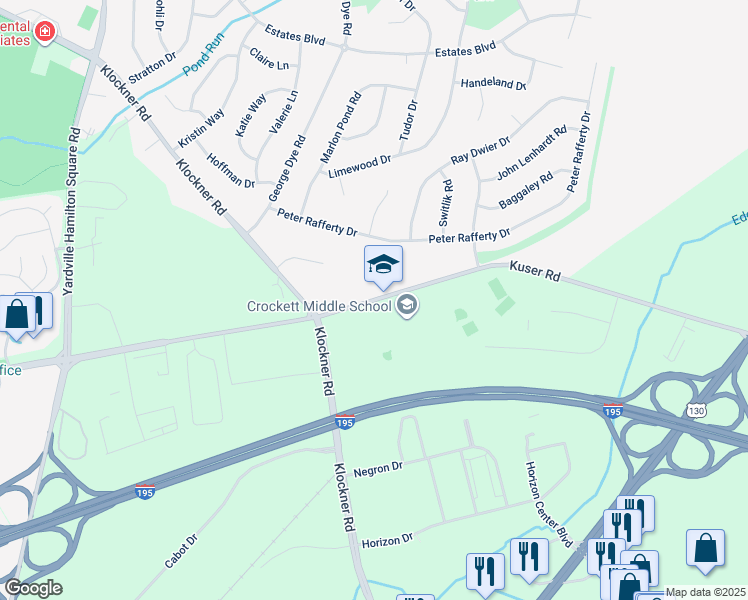 map of restaurants, bars, coffee shops, grocery stores, and more near Kuser Road in Trenton