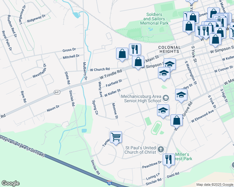 map of restaurants, bars, coffee shops, grocery stores, and more near 813 West Keller Street in Mechanicsburg