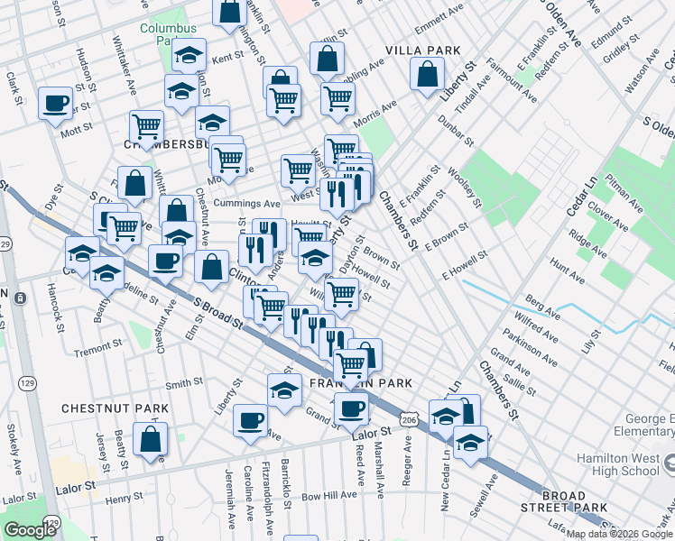 map of restaurants, bars, coffee shops, grocery stores, and more near 400 Woodland Street in Trenton
