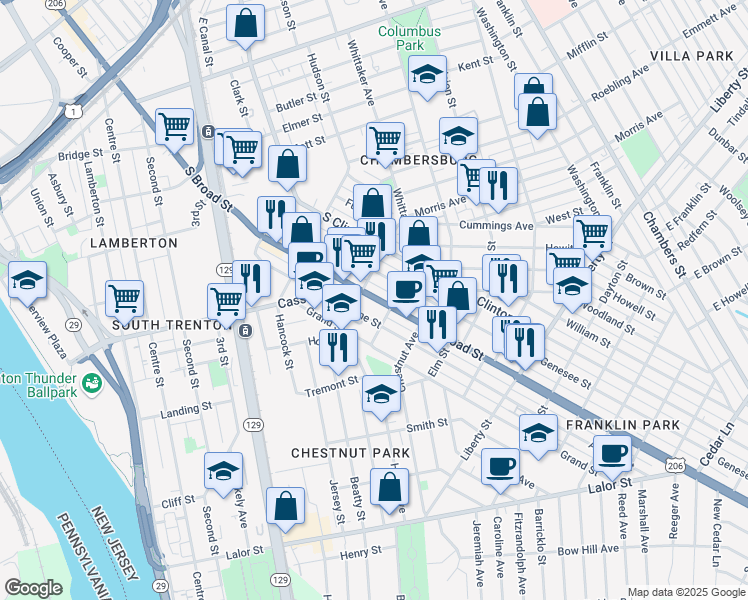 map of restaurants, bars, coffee shops, grocery stores, and more near 335 Adeline Street in Trenton