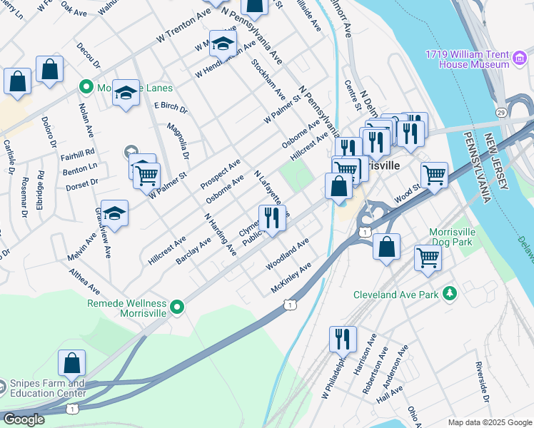 map of restaurants, bars, coffee shops, grocery stores, and more near 311 Clymer Avenue in Morrisville