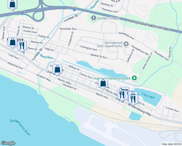 map of restaurants, bars, coffee shops, grocery stores, and more near 200 Hanover Street in Highspire