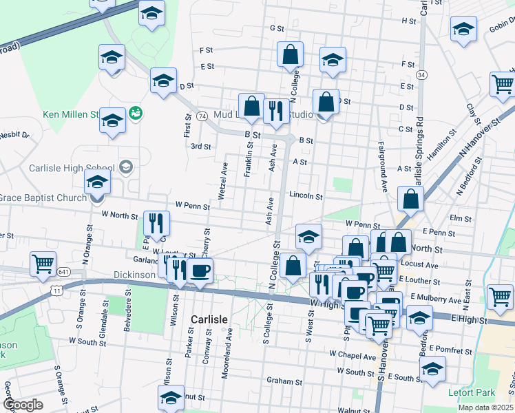 map of restaurants, bars, coffee shops, grocery stores, and more near 350 West Penn Street in Carlisle